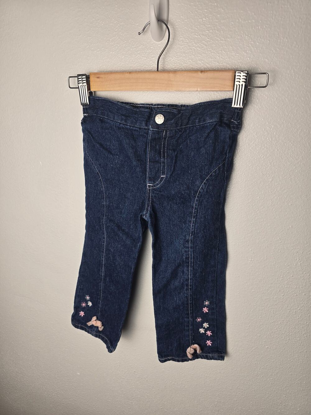 Baby Q Girls Size 4 Jeans Y2K Floral Embroidered Bow Hem Flare Denim